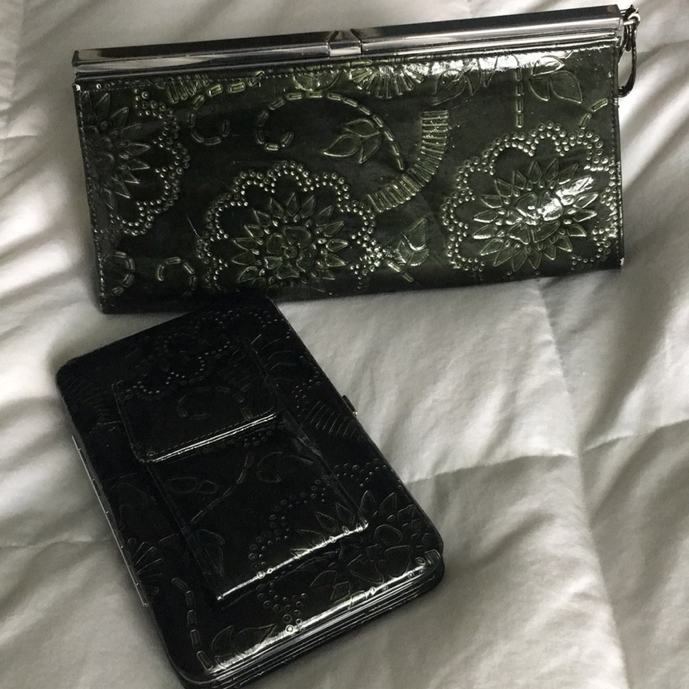 Tooled leather clutch and matching wallet